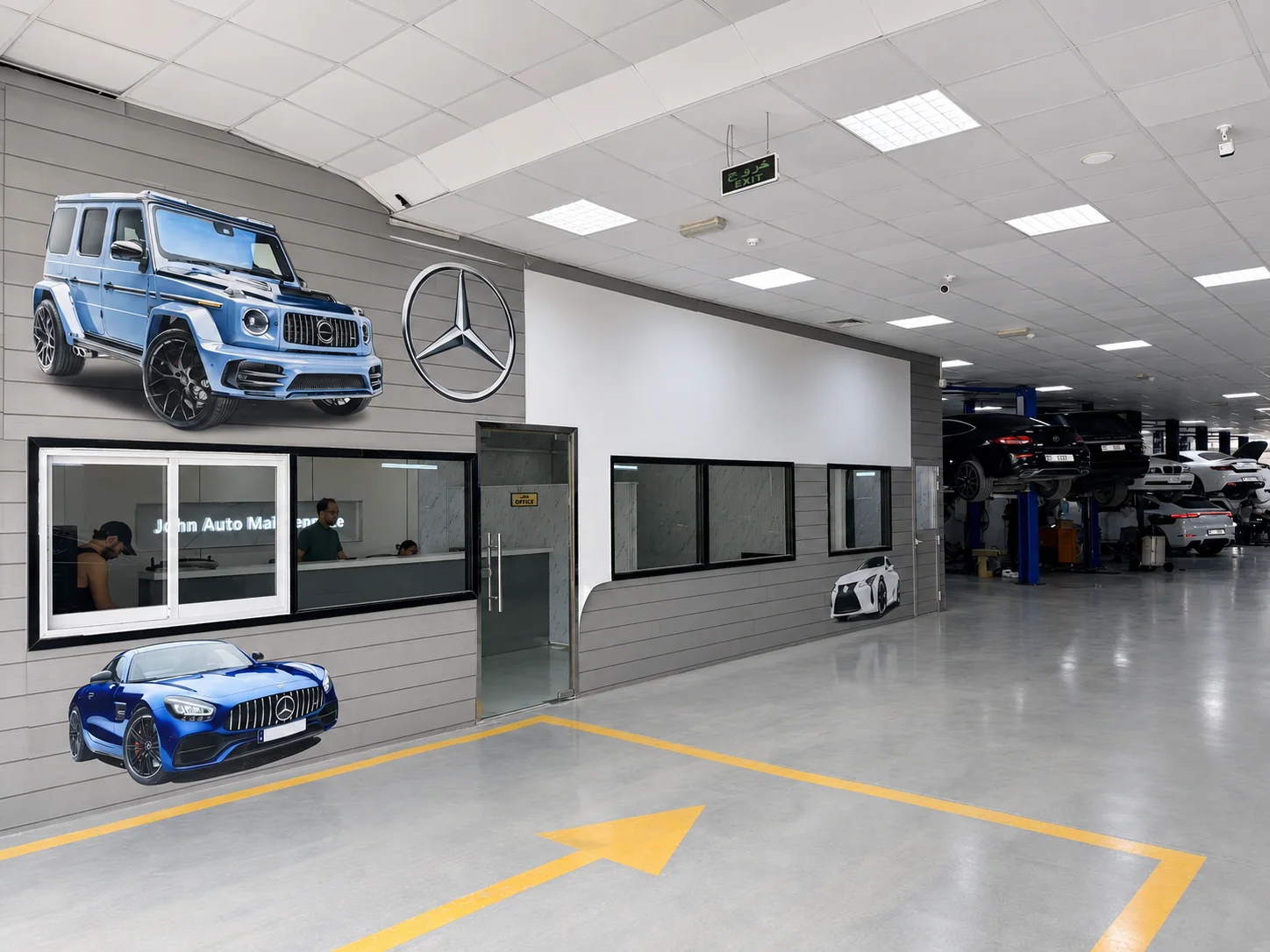 Branded customer office beside the active service area at John Auto